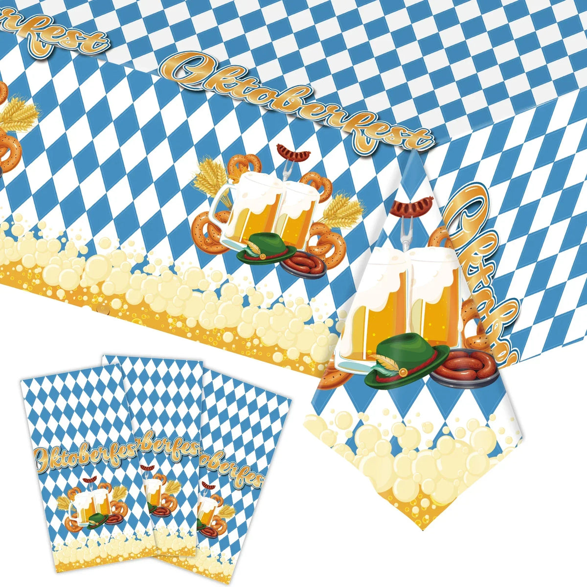 Oktoberfest Tablecloth Blue and White Diamond Pattern, Bavarian Party Decoration