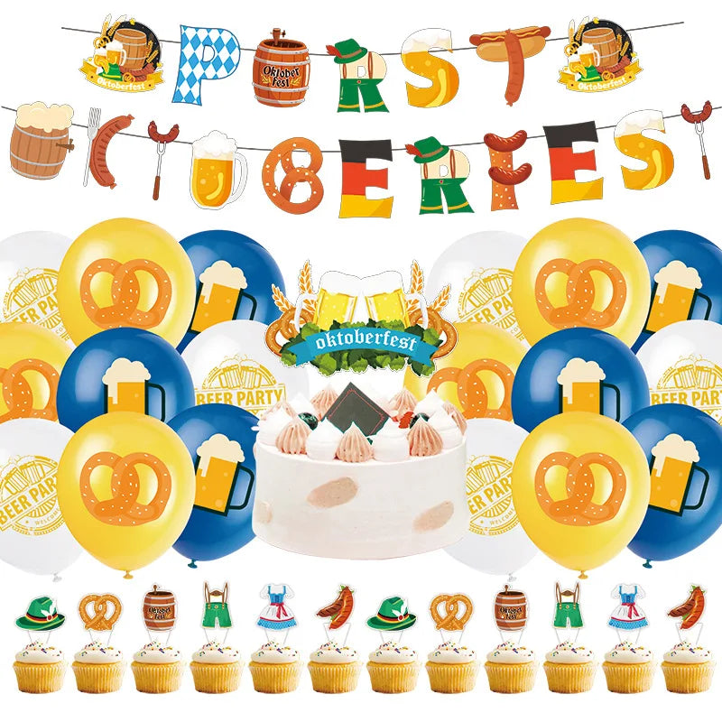 Oktoberfest party decoration set, banner, balloons, cake topper