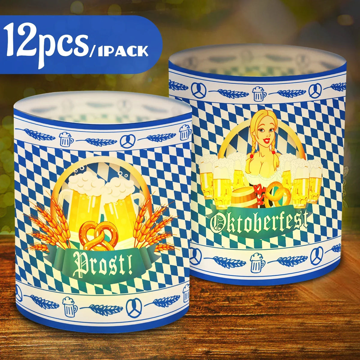 Oktoberfest Table Lantern Set, Beer Mug & Pretzel, 24-piece