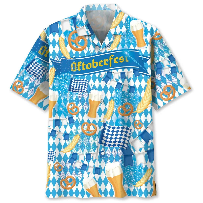 Oktoberfest Hawaiian-Style Shirt, Beer & Pretzel Pattern, Unisex