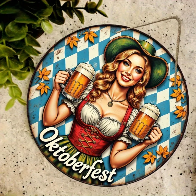 Oktoberfest Round Wall Decoration, Vintage Oktoberfest Girl 20cm
