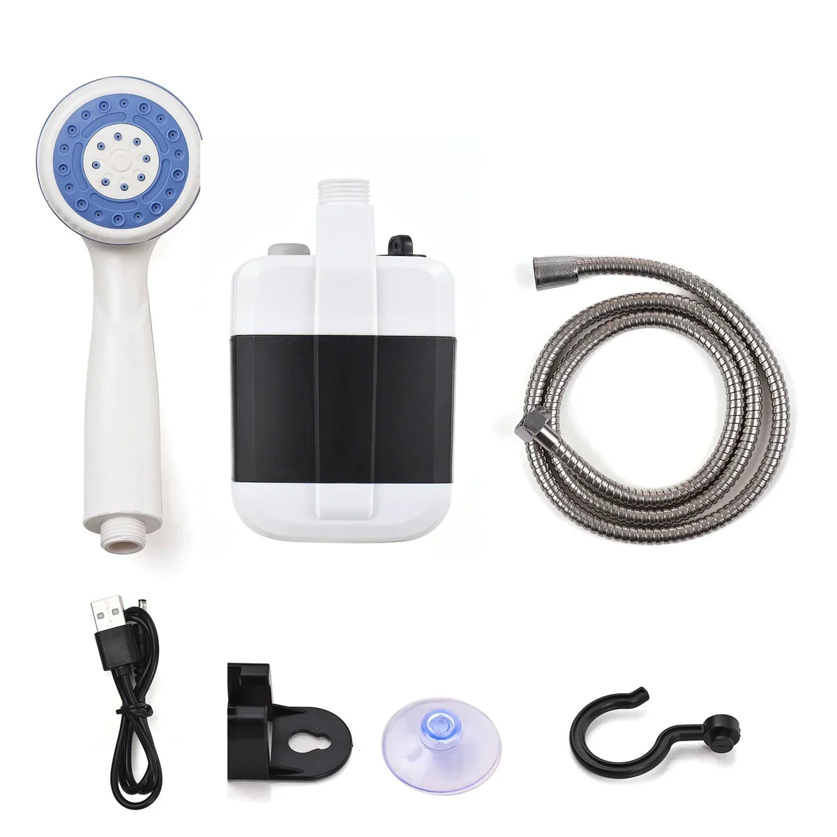 Zubehör-Set der PortableShower: Handbrause, Pumpe, Schlauch, USB-Kabel, Halterung, Saugnapf und Haken