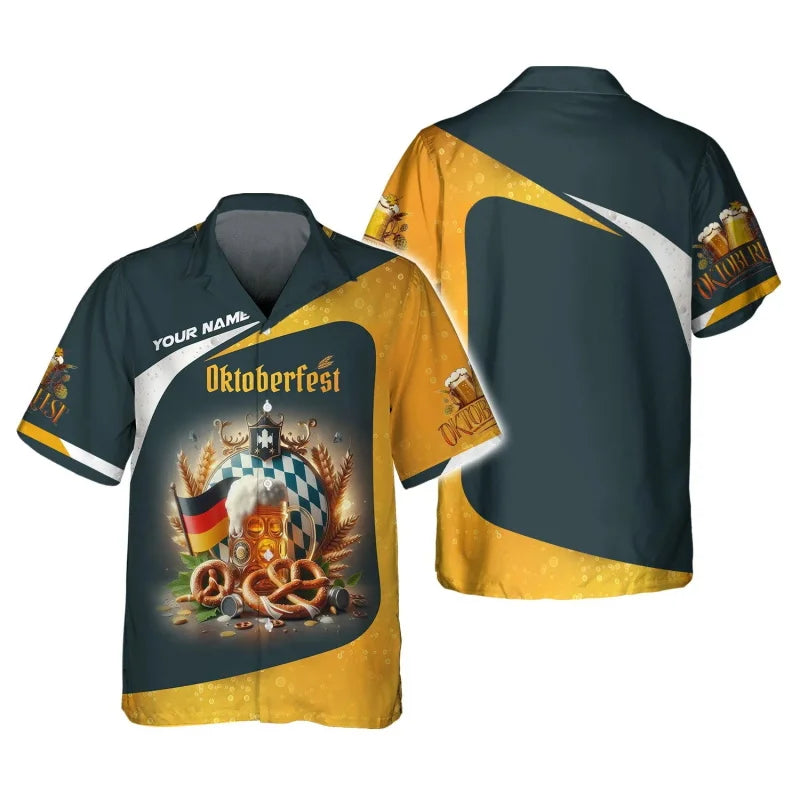 Oktoberfest Hawaiian-Style Shirt, Beer & Pretzel Pattern, Unisex