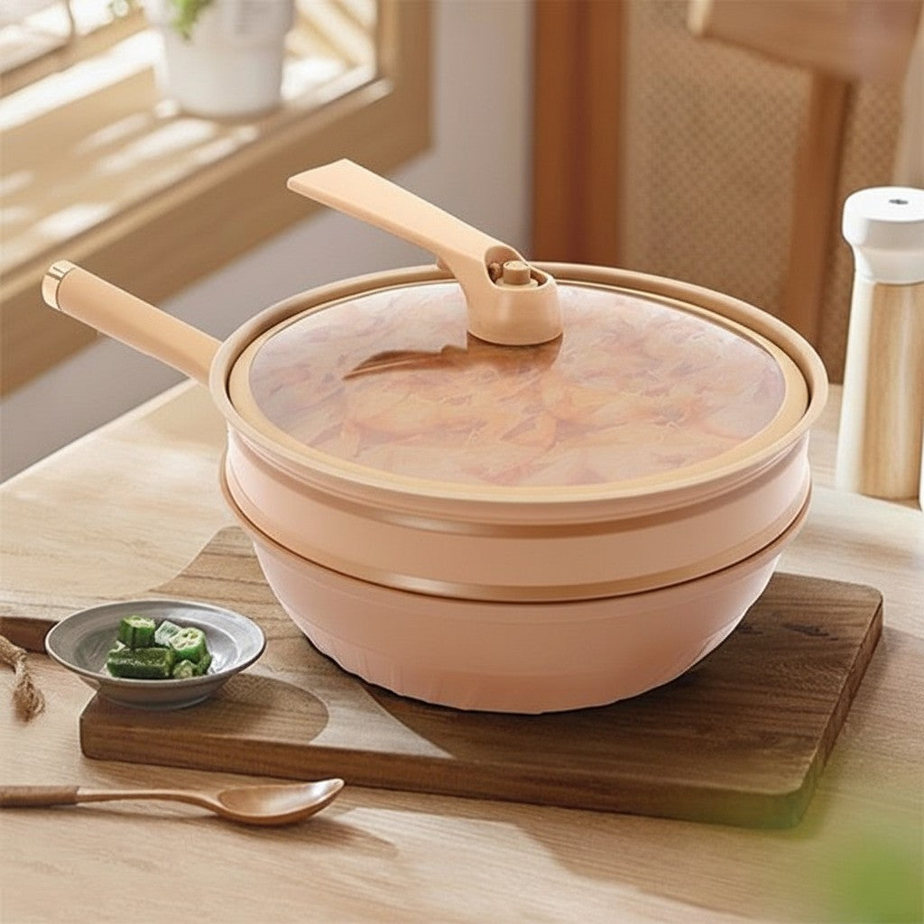 Non-stick wok with lid & steamer basket