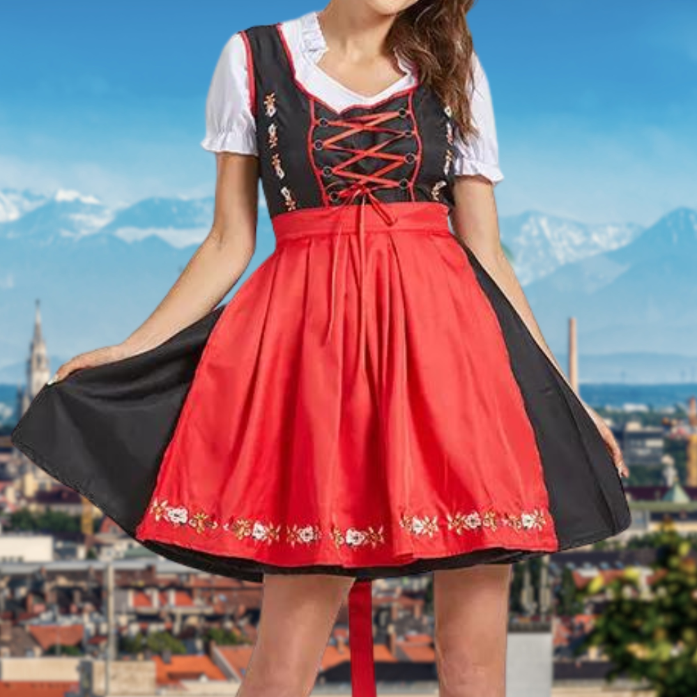 Women's Oktoberfest Dirndl Red, Traditional Dirndl Dress with Apron