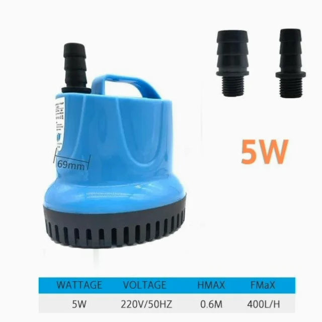 AquaPump Tauchpumpe 5W mit technischen Daten: 69mm, 220V/50Hz, 0,6m Förderhöhe, 400L/H