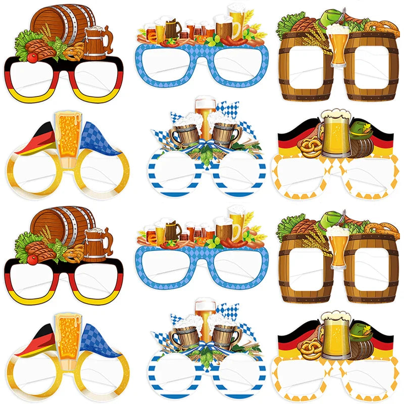 Oktoberfest photo glasses, 12-piece set made of paper, party accessory beer mug pretzel