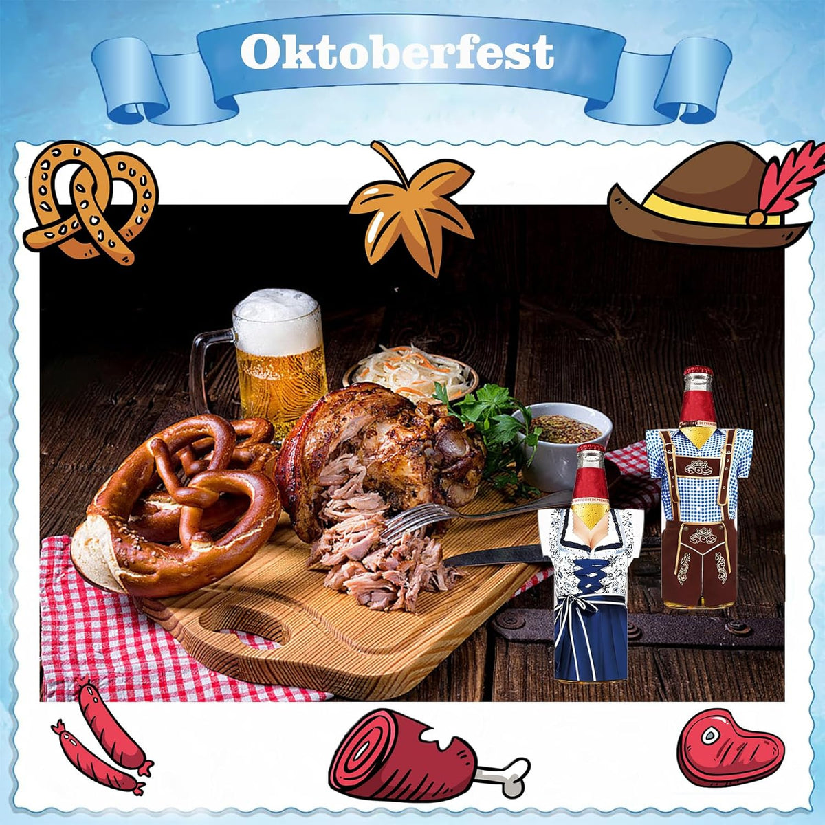 Oktoberfest Bottle Cooler 6-piece set, Dirndl & Lederhosen design neoprene