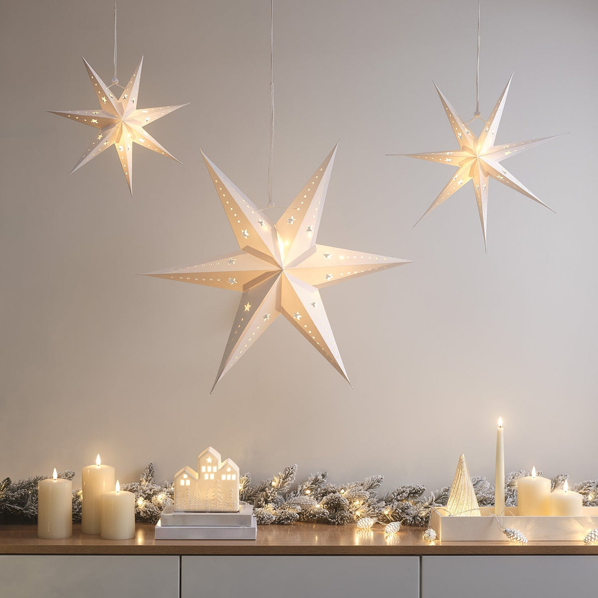 LED Paper Stars Set of 3 – Warm White, Timer Function