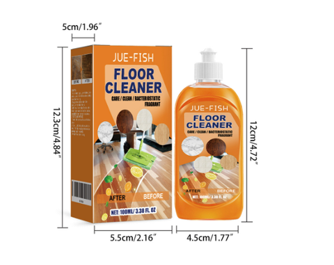 Maßangaben FloorCleaner Bodenreiniger: Verpackung 5 x 12,3 x 5,5 cm, Flasche 4,5 x 12 cm