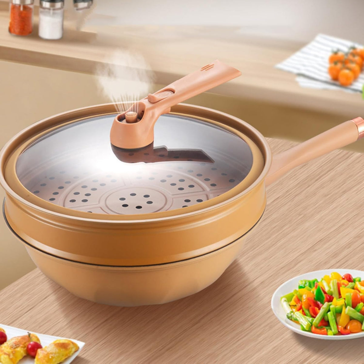 Non-stick wok with lid & steamer basket
