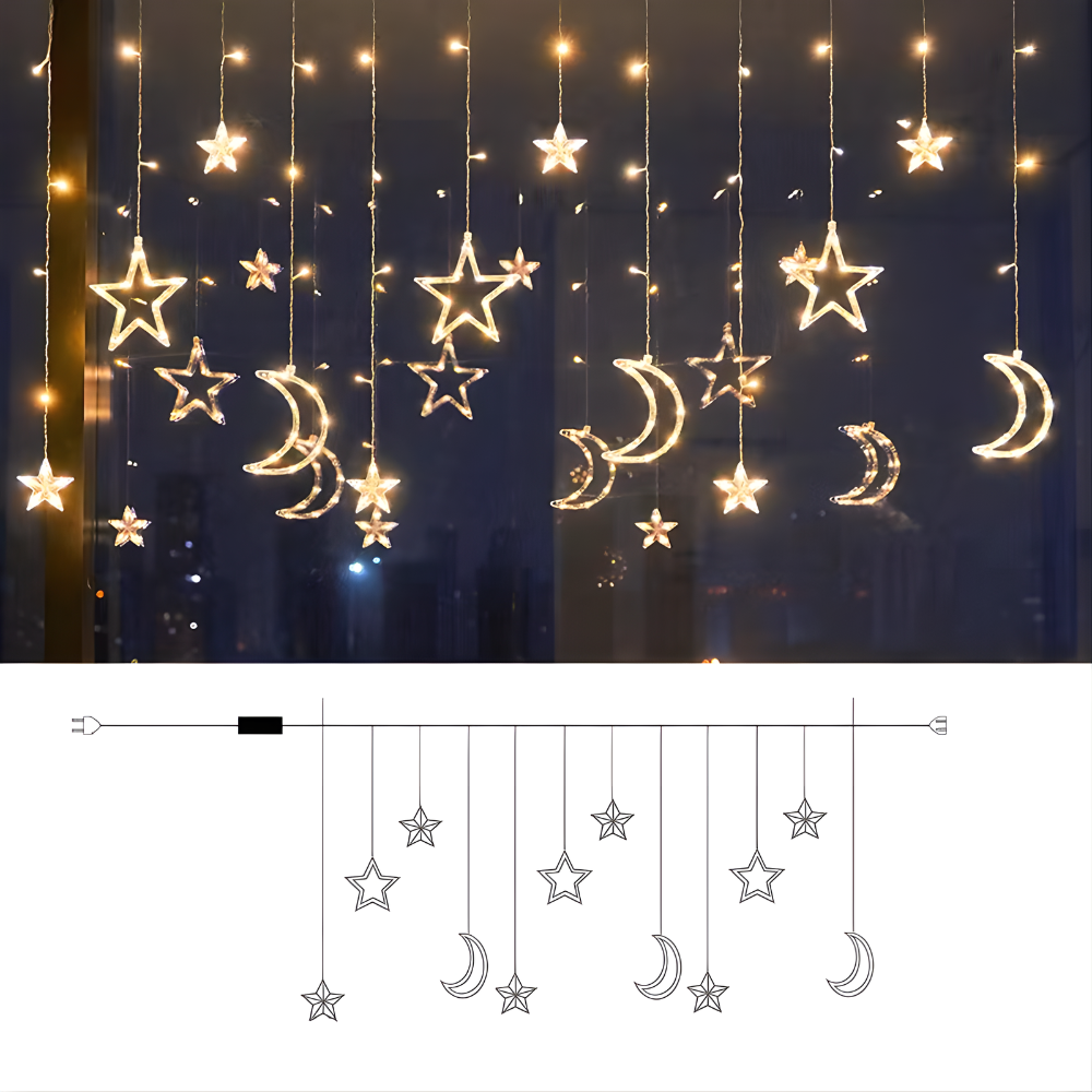 LED Star Curtain Lights – Warm White, Timer Function