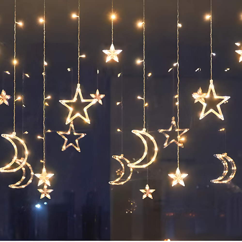 LED Star Curtain Lights – Warm White, Timer Function