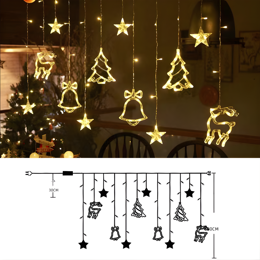 LED Star Curtain Lights – Warm White, Timer Function