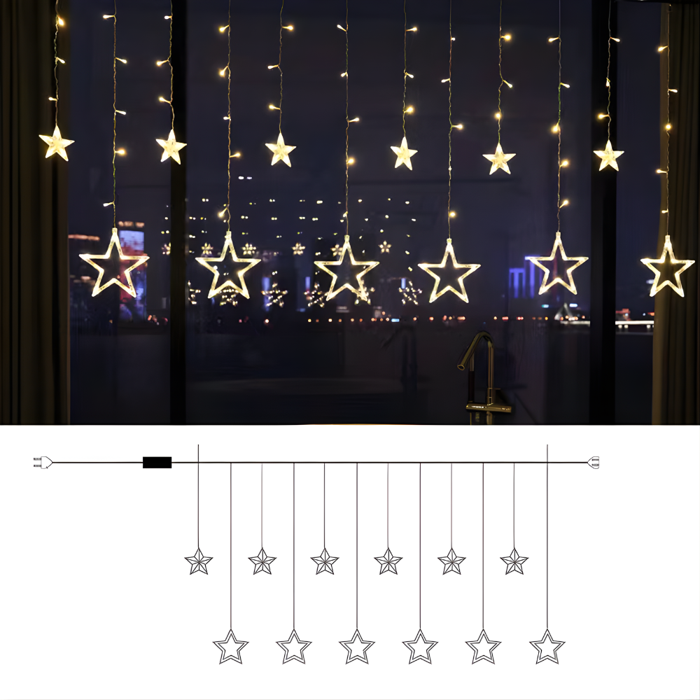 LED Star Curtain Lights – Warm White, Timer Function