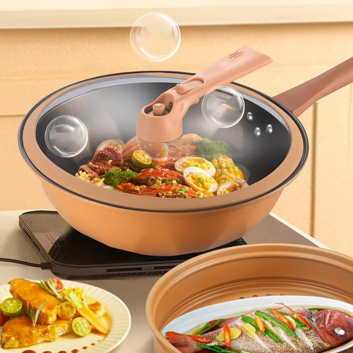 Non-stick wok with lid & steamer basket