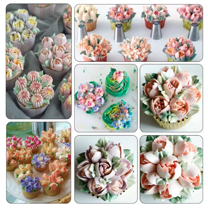 Verschiedene Blumenverzierungen aus Buttercreme mit dem PipingTip Spritztüllen-Set auf Cupcakes