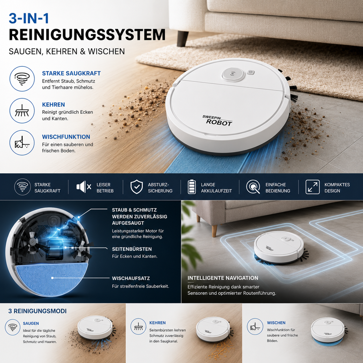 3-in-1 Reinigungssystem: Saugen, Kehren und Wischen mit intelligenter Navigation