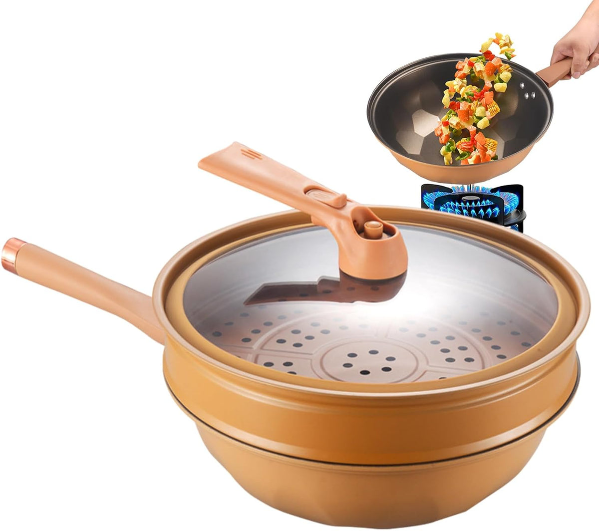 Non-stick wok with lid & steamer basket